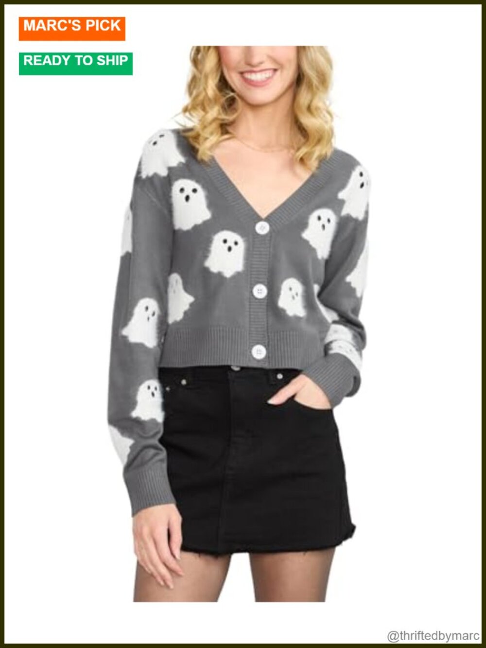 Fuzzy Button-Up Cardigan Cropped Fit Ghost Knit Halloween Layer